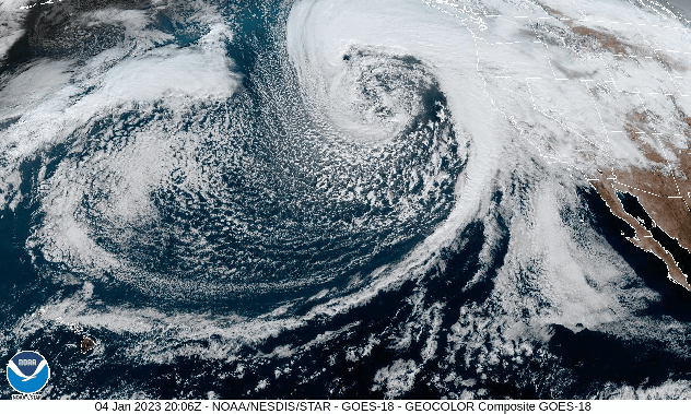 <p>A satellite image showing a powerful bomb cyclone over the Pacific Ocean on Jan. 4, 2023. California has been hit with weather storms in the last two days. NOAA/ACCUWEATHER</p>